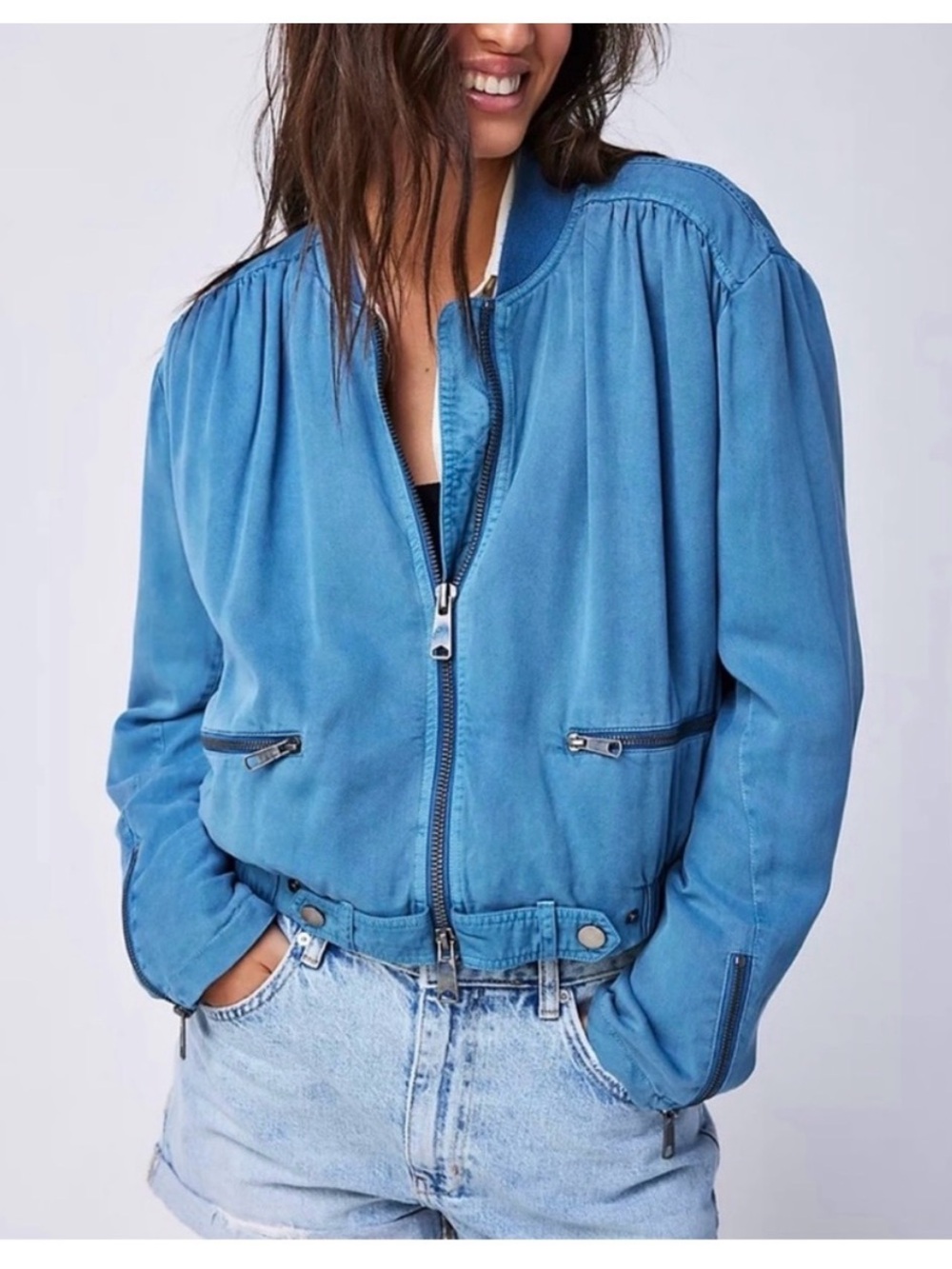 Free People Knock Out Siren Bomber Jacket in the Coastal blue